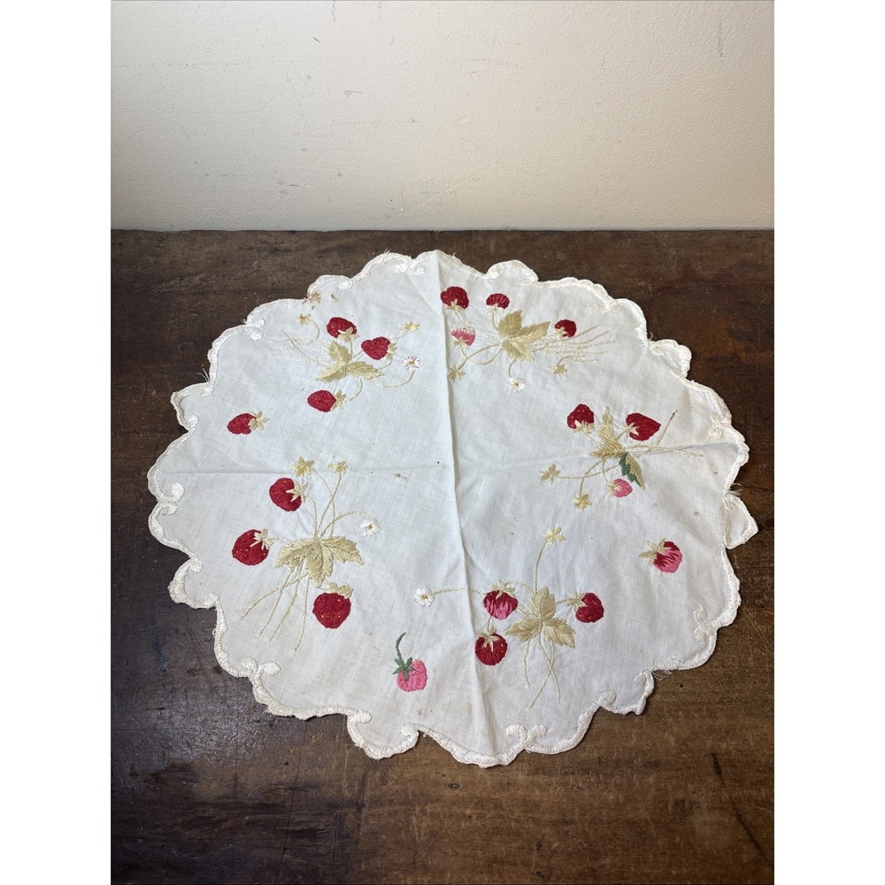 Vtg Hand Embroidered Round Strawberry Doily 15"